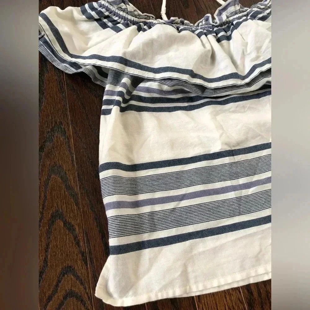 Splendid Women’s S Off-the-Shoulder Ruffle Overlay Blue/Off-White Striped Top - Picture 4 of 12